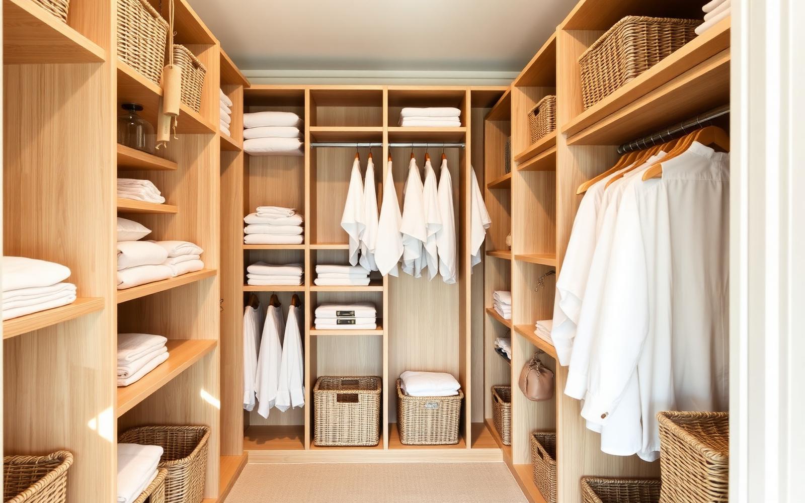 Organized walk-in closet with oak shelving and woven baskets