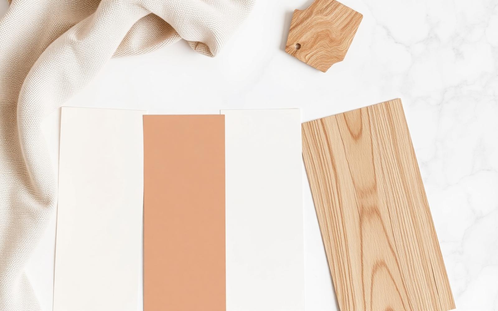 Neutral paint swatches with linen, oak and marble samples