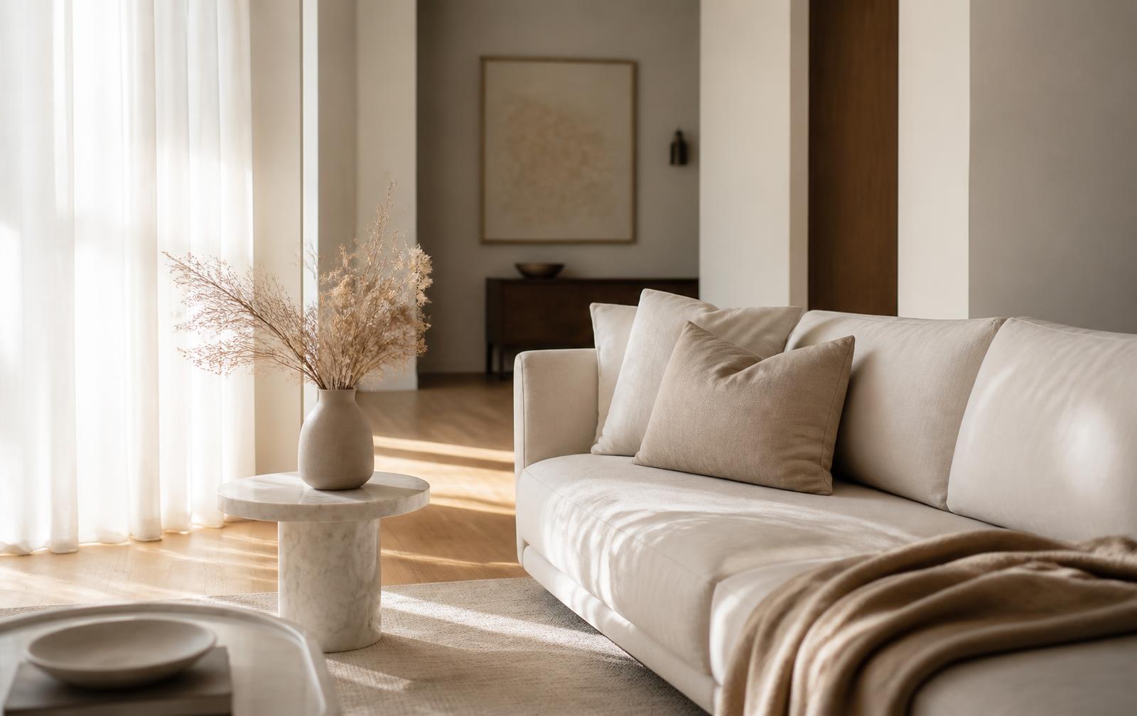 Sunlit minimal living room with cream linen sofa and marble side table