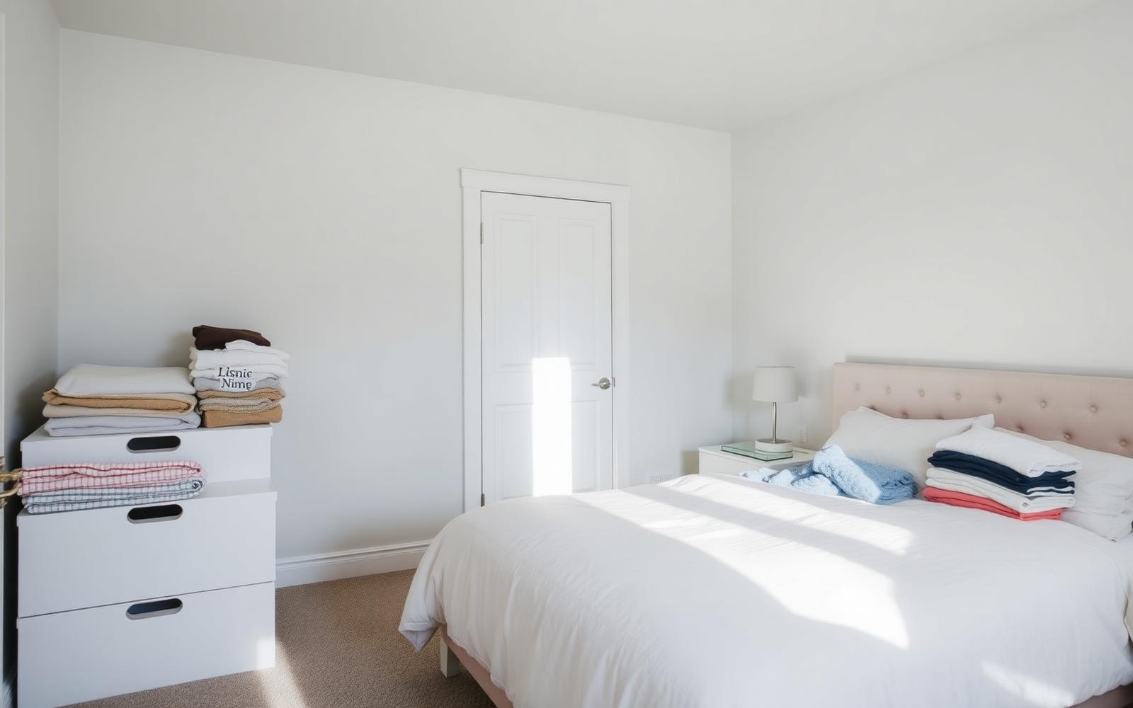 Bedroom being decluttered with folded items and storage boxes