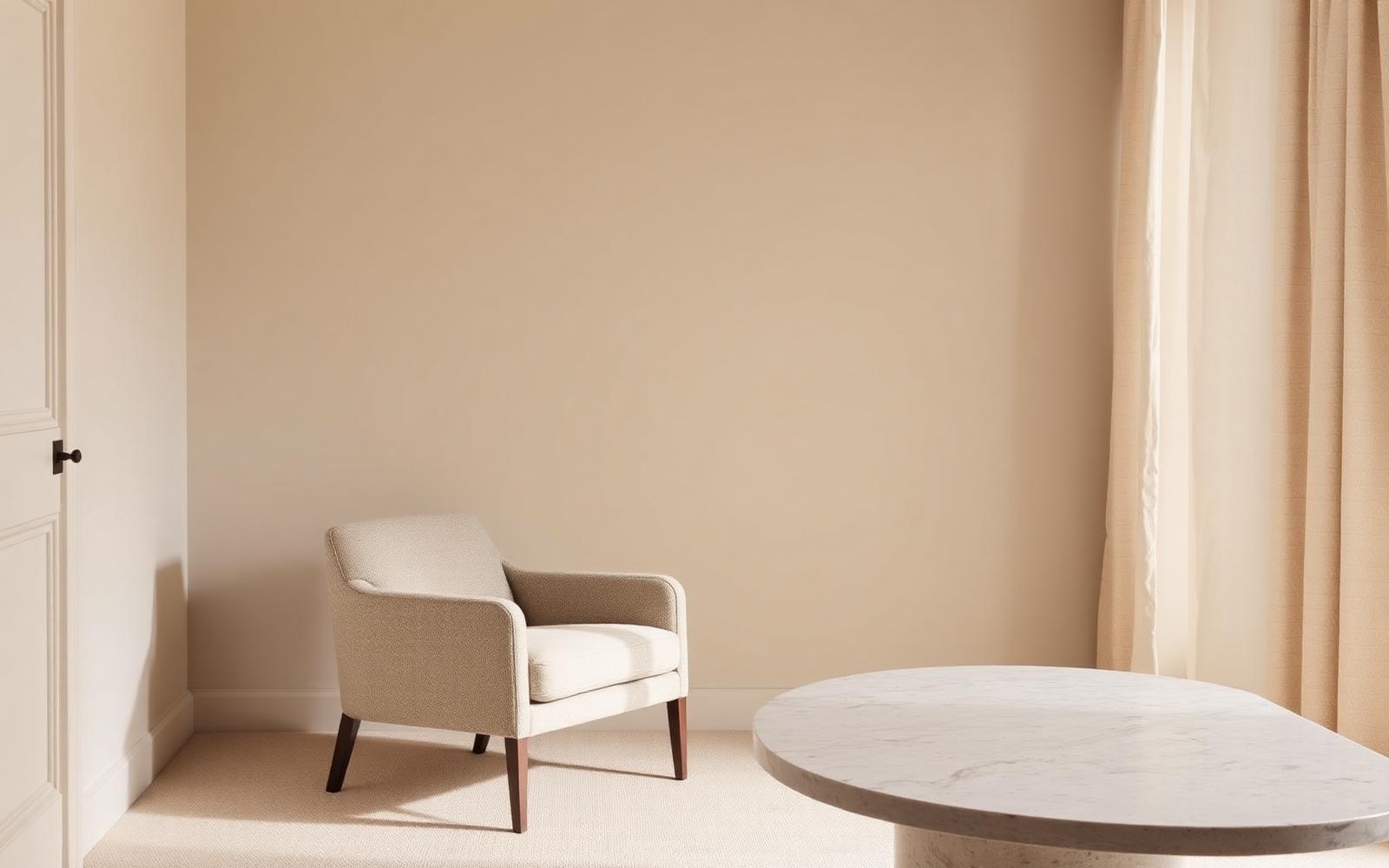 Quiet luxury interior with boucle chair and stone table in tonal beige