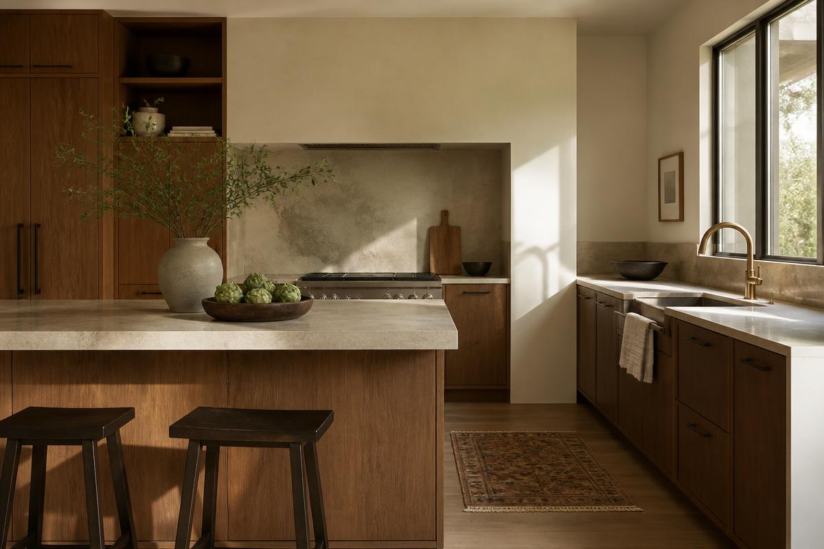 Staged kitchen with warm wood cabinetry and stone countertops