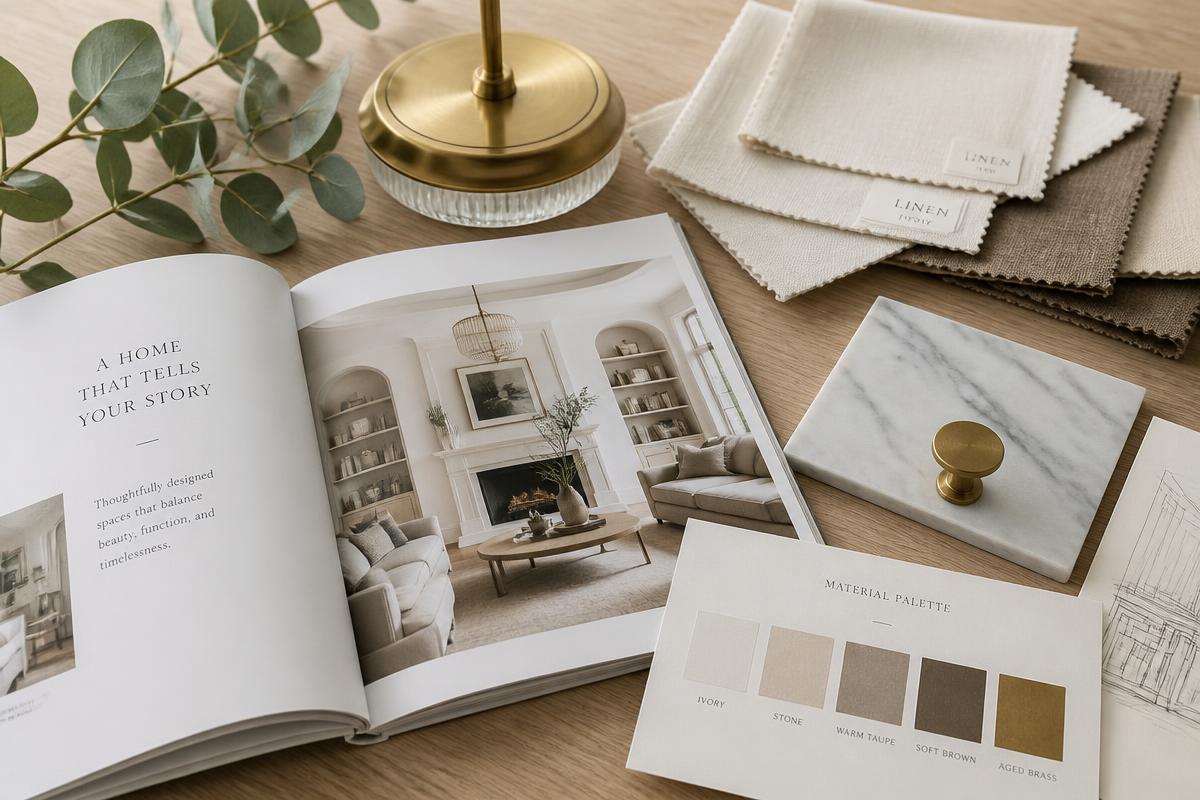 Interior design mood board with fabric swatches, marble samples, and a design magazine