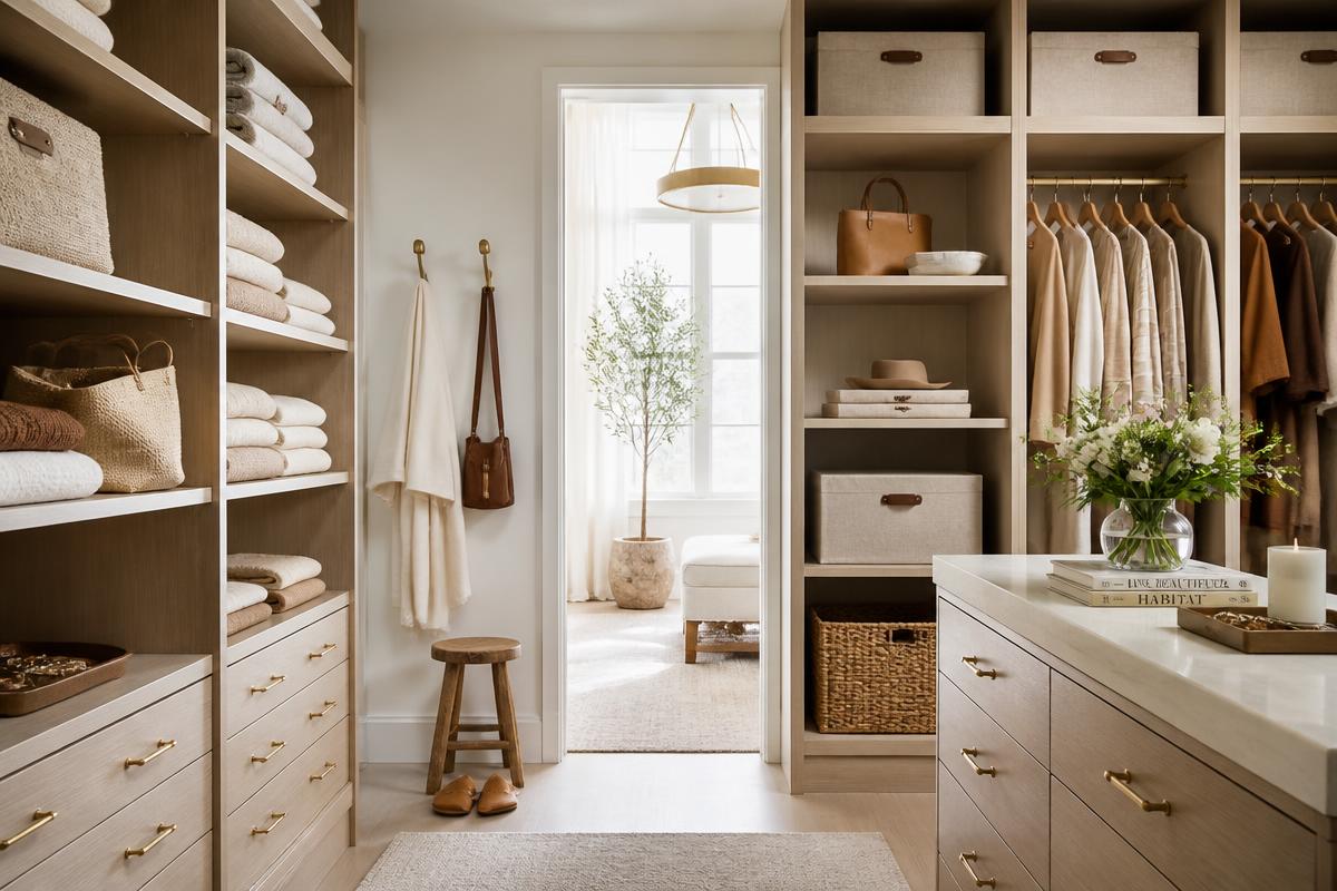 Elegantly organized walk-in closet with neutral storage and brass accents