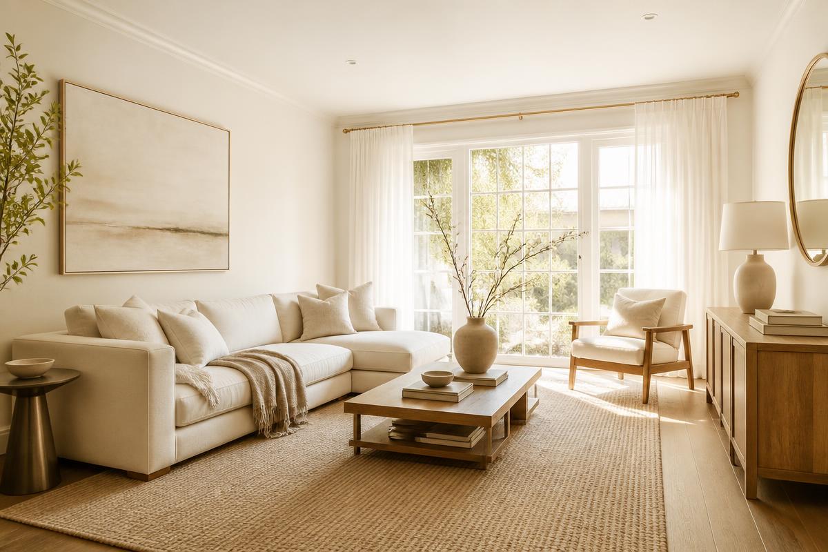 Bright, minimally staged living room with cream sofa and oak floors